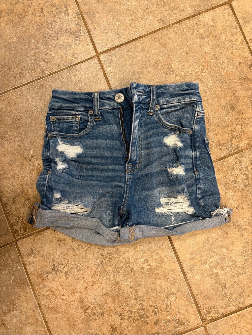 American Eagle Outfitters Distressed Rolled-Hem Jean Shorts - Blue